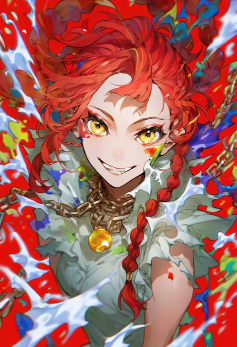 score_9, score_8_up, score_7_up, score_6_up, <lora:MikaPikaZoXL_P6_lokr_V42310:0.95> red hair, solo, chain, 1girl, red background, looking at viewer, teeth, yellow eyes, braid, smile, paint splatter, jewelry, long hair