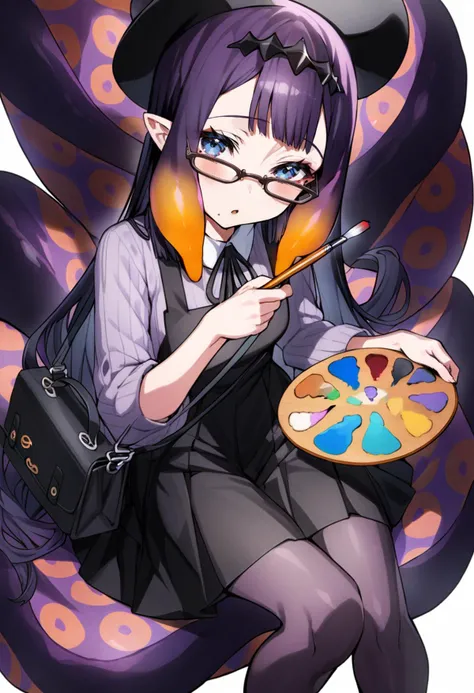 masterpiece, best quality,<lora:MikaPikaZoXL_ANI31_lokr_V4302:0.95> 1girl, ninomae ina'nis, virtual youtuber, solo, tentacle hair, pointy ears, long hair, purple hair, dress, glasses, multicolored hair, holding, looking at viewer, gradient hair, orange hair, bag, sidelocks, pantyhose, blunt bangs, paintbrush, black dress, holding paintbrush, blush, official alternate costume, sitting, blue eyes, very long hair, tentacles, long sleeves, shirt, palette \(object\), handbag, black-framed eyewear, purple eyes, shoulder bag, black ribbon, sleeveless dress, pinafore dress, sleeveless, parted lips, headpiece, ribbon, mole, pleated dress, neck ribbon, mole under eye, open mouth, :o, purple shirt