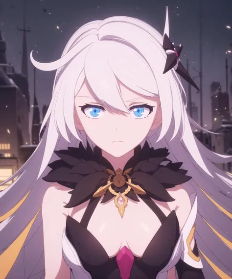 masterpiece, best quality, ultra-detailed, illustration, warm lighting, bright colors, 8K wallpaper, 1girl, solo, very long hair, white hair, floating, looking at viewer, expressionless, cowboy shot, outdoors, ruins, <lora:Kiana:0.7>
