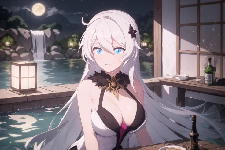 masterpiece, best quality, ultra-detailed, illustration, warm lighting, bright colors, 8K wallpaper, 1girl, solo, very long hair, white hair, blue eyes, wet hair, closed mouth, wet skin, swimsuit, bikini, night, moon, stream, water, (hot spring), out doors, outside, stones, Japanese hot spring, resting in the water, steam, bamboo forest, liquer, booze, rice wine, lotus floating on the water, ripples, ripples in the water, hair floating on the water, relaxed expression, relaxed, fence, japanese rope, lantern, sake, sake in a pitcher, floating plate, <lora:Kiana:0.7>