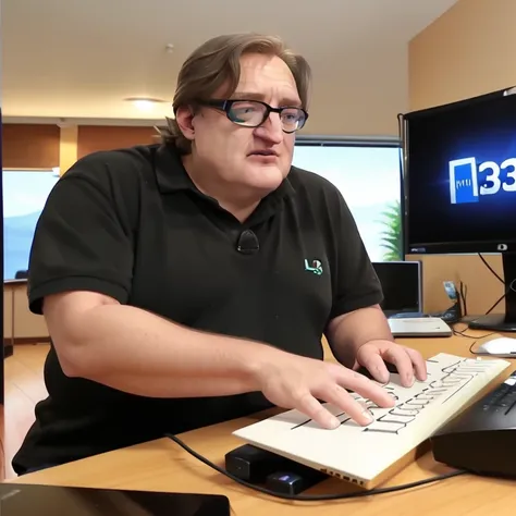 <lora:gaben_03-000008:0.9>, (gaben:1.1), (glasses:0.8), detailed face, perfect hands, a man1man, solo, short hair, masterpiece, best quality, alone, focused, a computer, programmer, keyboard, monitor AND letter (H L 3:1.5) caption text monitor