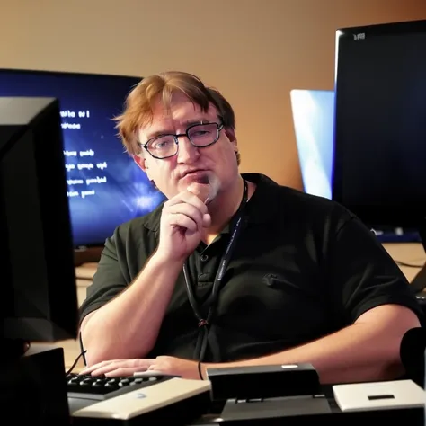 <lora:gaben_03-000008:0.9>, (gaben:1.1), (glasses:0.8), detailed face, perfect hands, a man1man, solo, short hair, masterpiece, best quality, alone, focused, a computer, programmer,  keyboard, monitor,  flipped ("y" sign:1.4)