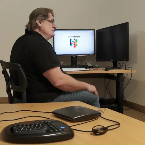 <lora:gaben_03-000008:0.9>, (gaben:1.1), (glasses:0.8), detailed face, perfect hands, a man1man, solo, short hair, masterpiece, best quality, alone, focused, a computer, programmer, keyboard, monitor, (text caption "H" "L" "3":1.5)