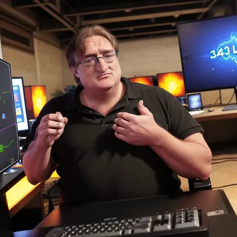 <lora:gaben_03-000008:0.9>, (gaben:1.1), (glasses:0.8), detailed face, perfect hands, a man1man, solo, short hair, masterpiece, best quality, alone, focused, a computer, programmer, monitor, keyboard, (HL3:1.5) text caption