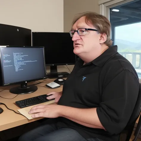 <lora:gaben_03-000008:0.9>, (gaben:1.1), (glasses:0.8), detailed face, perfect hands, a man1man, solo, short hair, masterpiece, best quality, alone, focused, a computer, programmer, monitor, keyboard, letter (H L 3:1.5) caption text monitor