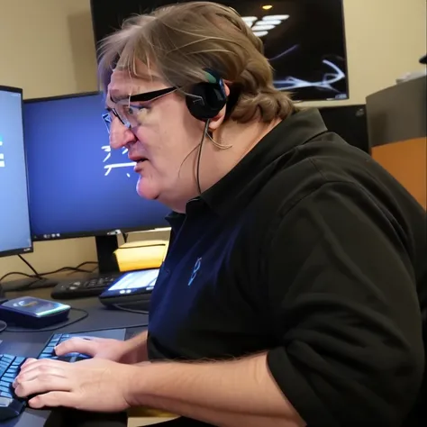 <lora:gaben_03-000008:0.9>, (gaben:1.1), (glasses:0.8), detailed face, perfect hands, a man1man, solo, short hair, masterpiece, best quality, alone, focused, a computer, programmer, keyboard, monitor, flipped ("y" sign:1.4)