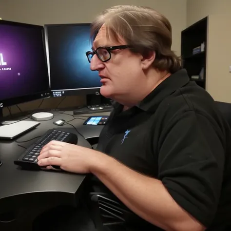 <lora:gaben_03-000008:0.9>, (gaben:1.1), (glasses:0.8), detailed face, perfect hands, a man1man, solo, short hair, masterpiece, best quality, alone, focused, a computer, programmer,  keyboard, monitor,  text caption "H" "L" "3"
