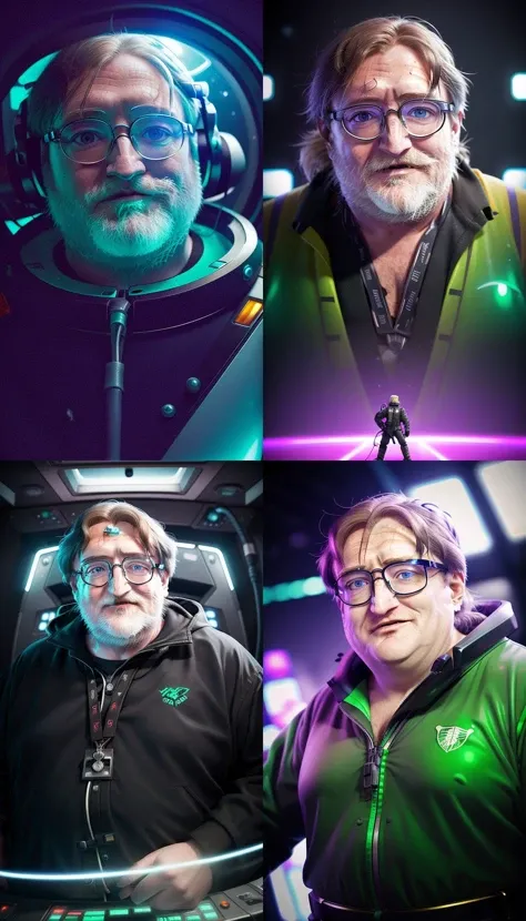 <lora:gaben_03-000008:1>, (gaben:1.2), perfect face portrait, award winning waist up photo of a science fiction space station, wearing white HEV suit, pvc suit, middle-aged, short hair and beard, gray green eyes, inside spaceship cockpit, electronic circuits hanging loose in background, flashing control panel in foreground, (science fiction:1.2), action, (volumetric fog:0.8), tools on floor in background, HDR shadows, (neon lighting:0.6), high contrast, shiny skin, backlighting, bloom, light sparkles, chromatic aberration, sharp focus, NGE evangelion plug suit, gabe newell, (colored:0.6), open head,Without headgear, Without helmet, light smile, floating gold coins