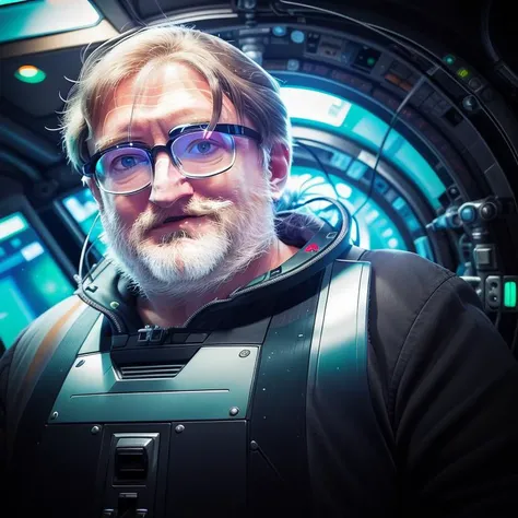 <lora:gaben_03-000008:1>, (gaben:1.2), realistic perfect face portrait, perfect hands,gabe newell, award winning waist up photo of a science fiction space station, wearing white HEV suit, pvc suit, middle-aged, short hair and beard, gray green eyes, inside spaceship cockpit, electronic circuits hanging loose in background, (looking down:0.8), flashing control panel in foreground, (science fiction:1.2), action, (volumetric fog:0.8), tools on floor in background, HDR shadows, high color light contrast, shiny skin, backlighting, bloom, light sparkles, chromatic aberration, sharp focus, NGE evangelion plug suit, (colored:0.6), open head,Without headgear, Without helmet, light smile