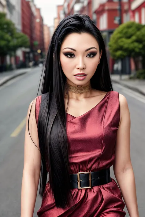 photograph of straight hair black hair miko lee eyeshadow <lora:miko_lee-000007:1> woman with highly detailed face, (visible pores:0.3), (highly detailed skin:0.2), (walking:1.2) vogue in red elegant dress, daytime, masterpiece, best quality   <lora:add_detail:1>  <lora:Loraeyes_V1:0.2>