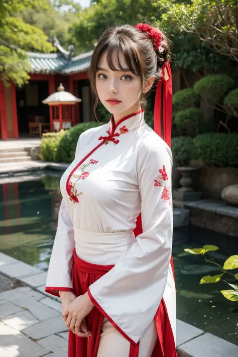 1girl, Wide hips, Skindentation, blush, stands in front of Chinese garden, wearing a flowing red formal attire, cyan curled hairdo and white eyes, looking at the viewer, ready to burn, hair ribbon, pale skin, angel, <lora:add_detail:1>