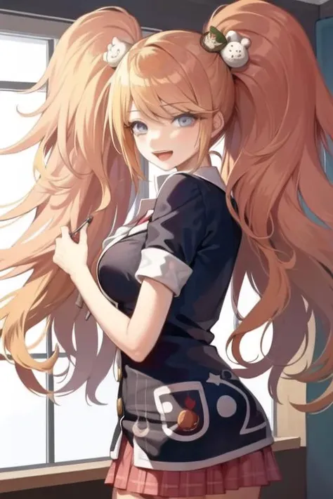 <lora:JunkoDG:1>, JunkoDG, 1girl, strawberry blonde hair, blonde hair, hands behind back, smile, open mouth,