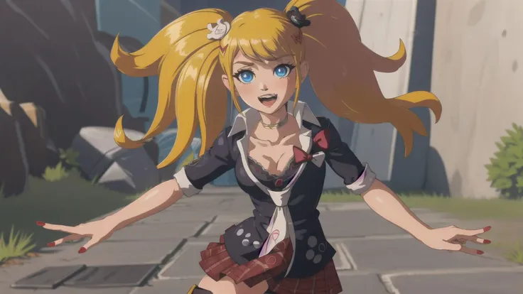 long hair,1girl,hair ornament,twintails,solo,breasts,blue eyes,cleavage,bow,bear hair ornament,necktie,(blonde hair:1.5),smile,bangs,large breasts,looking at viewer,collarbone,shirt,nail polish,(red bow:0.8),black shirt,underwear,bra,skirt,choker,black bra,sleeves rolled up,white necktie,red nails,open mouth,pleated skirt,red skirt,shiny,teeth,medium breasts,miniskirt,shiny hair,school uniform,pink hair,boots,upper teeth only,plaid skirt,blush,knee boots,plaid,black footwear,cross-laced footwear,junko enoshima,jojo pose,<lora:JunkoDG:1>,<lora:botw_style_offset:0.8>,