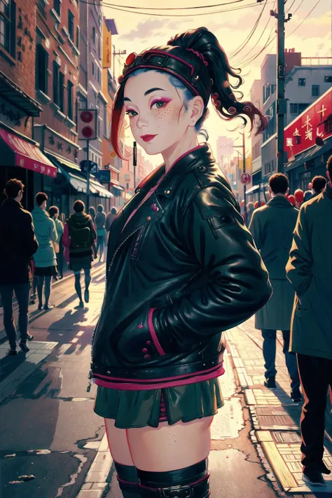 <lora:Doorgods:0.65>, chinese door gods, painting, drawing, 1girl, leather jacket, thighhighs, makeup, hand in pocket, looking at viewer, backlighting, seductive smile, freckles, street, blurry background,