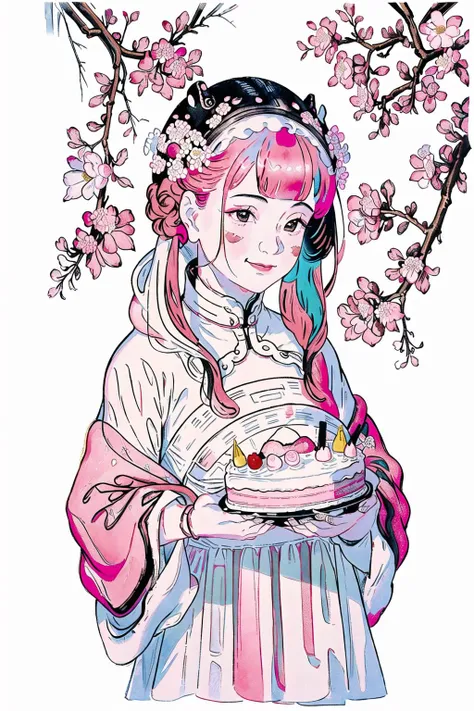 <lora:Doorgods:0.65>, chinese door gods, painting, drawing, (1girl:1.2),(no bangs pink hair:1.3),long hair, black eyes, light pink hair ornament, portrait, (beautiful white dress:1.6), outline,cute smile,small pink flower, (Holding a big cake :1.4) (white background:1.3), (Brownish red branches full of small white flowers:1.25), (upper body:1.3), (A splash of colored paint1.15), Movie poster