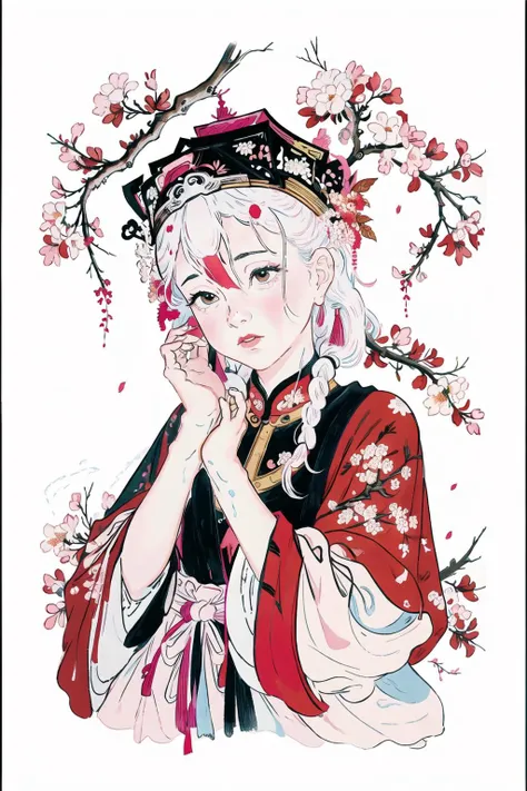 <lora:Doorgods:0.65>, chinese door gods, painting, drawing, (1girl:1.2), (white hair:1.2), long hair, white eyes, light pink hair ornament, long bangs, hair between eyes, portrait, white and pink dress, outline, (hands on own face:1.2) (white background:1.3), (Brownish red branches full of small white flowers:1.25), (Abelia:1.25), (upper body:1.3), (A splash of colored paint1.15), Movie poster