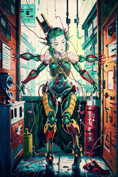 Oil painted slightly chubby white woman. Her face also slightly chubby. Her body floating in space .She wearing a dark green body suit.. She has short blonde hair. She has her mouth open breathing heavily. She on the verge of death. She grabbing her neck. Full body view. Bare foot