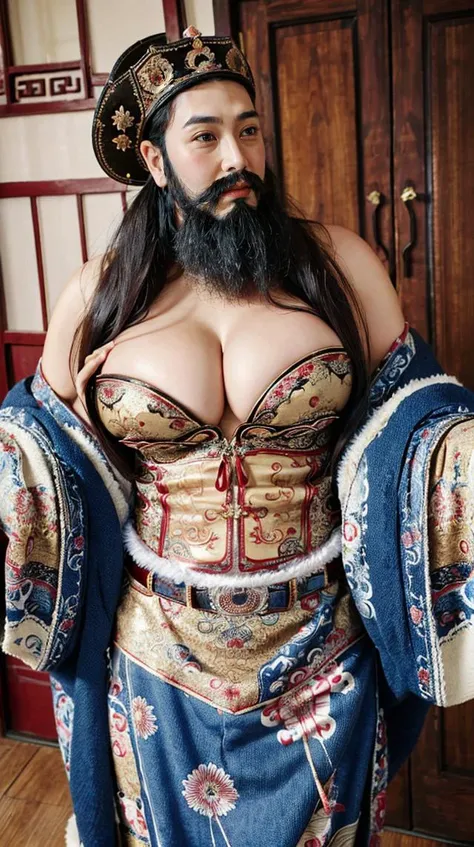 <lora:Doorgods:0.65>,chinese door gods,ultra-detailed,perfect detail,make up,masterpiece,Best quality,
1 girl,solo,(Good hands:1.2),(looking at viewer),large breasts,breast cleavage,cleavage,whiskers,offshoulder,natural skin texture,beard,(cowboy shot:1.2),