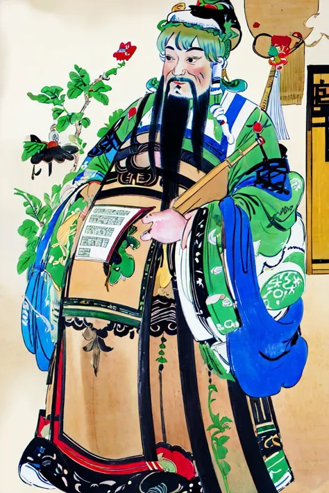 (kochiya sanae),hair tubes,frog hair ornament,snake hair ornament,shirt,long sleeves,wide sleeves,blue skirt,green hair,<lora:touhou_kochiya:1>(best quality, masterpiece,extremely detailed,8k resolution:1) painting,burly,beard,chinese door gods,<lora:Doorgods:0.8> zydink,ink sketch,<lora:zyd232_ChineseInkStyle_v1_0:0.5>, kochiya