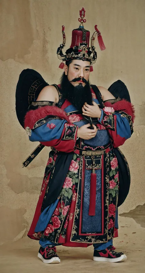 <lora:Doorgods:0.65>, chinese door gods, 1girl, beard, looking at viewer, Perfect body, natural skin texture, Best quality, masterpiece, pose, mustache