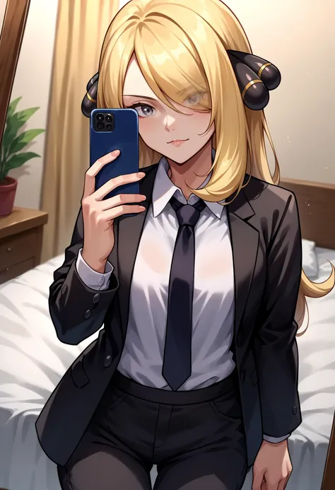 score_9, score_8_up,score_7_up, source_anime, rating_safe, 1girl, solo, <lora:EPpkCynthia:0.8> EPpkCynthia, long hair, blonde hair, hair over one eye, grey eyes,  business suit, black pants, white collared shirt, black suit, black jacket, black necktie, selfie, taking picture, mirror selfie, bedroom, bed, mirror,