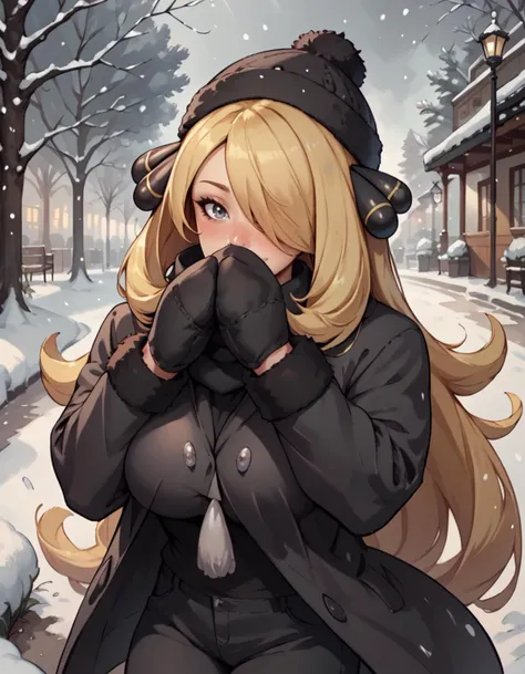 score_9, score_8_up, score_7_up, solo, <lora:EPpkCynthiaV5:0.8> EPpkCynthia, long hair, blonde hair, hair over one eye, grey eyes, large breasts, woolly hat, scarf covered mouth, black puffy coat, black baggy pants, mittens, looking at viewer, happy, outside, snowing, in park, blushing,