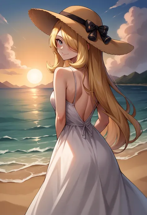 score_9, score_8_up,score_7_up, source_anime, rating_safe, 1girl, solo, <lora:EPpkCynthia:0.8> EPpkCynthia, long hair, blonde hair, hair over one eye, grey eyes, smile, from behind, white dress, looking back, blush, arms behind back, bare shoulders, female focus, looking at viewer, hat, back, dress, sundress, outdoors, sun hat, sky, sunset, ocean, reflective water,