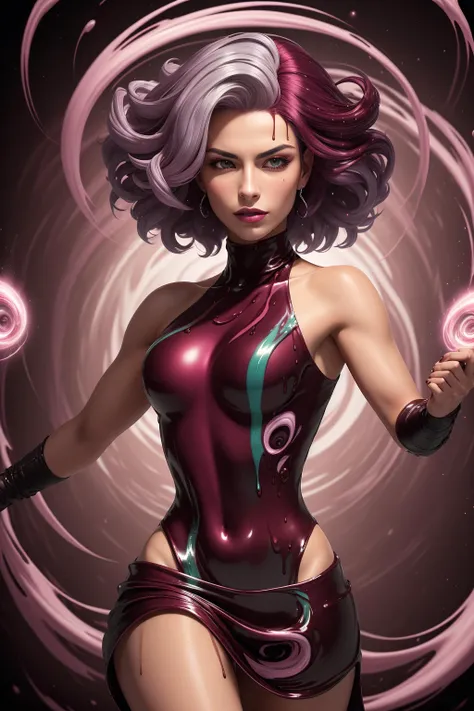<lora:ChocolateWetStyle:0.5>ChocolateWetStyle:0.5, solo, masterpiece, best quality, perfect face, medium shot of a Mediterranean woman with a perfect body. As a Diviner with french crop:0.75 Magenta hair with Magenta streaks, (surrounded by intense swirling magical energy:1.2), dominant and intimidating, Silver gray colored clothes, intricate and elegant, colorful, vivid, fighting stance