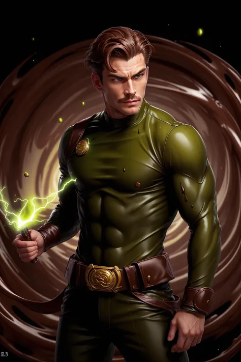 <lora:ChocolateWetStyle:0.5>ChocolateWetStyle:0.5, solo, masterpiece, best quality, perfect face, medium shot of a British man with a sexy body. As a Shadow ranger with short mustache:0.75 Brown hair with Yellow streaks, (surrounded by intense swirling magical energy:1.2), dominant and intimidating, Olive green colored clothes, intricate and elegant, colorful, vivid, fighting stance