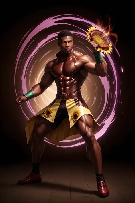 <lora:ChocolateWetStyle:0.5>ChocolateWetStyle:0.5, solo, masterpiece, best quality, perfect face, medium shot of a African man with a magical body. As a Nanomancer with taper fade:0.75 dark red hair with Lavender streaks, (surrounded by intense swirling magical energy:1.2), dominant and intimidating, Sunflower yellow colored clothes, intricate and elegant, colorful, vivid, fighting stance