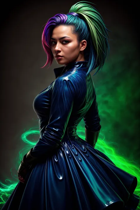 <lora:ChocolateWetStyle:0.5>ChocolateWetStyle:0.5, solo, masterpiece, best quality, perfect face, medium shot of a Multiracial female with a fat body. As a Necromancer knight with low-fade:0.75 Silver hair with Indigo streaks, (surrounded by intense swirling magical energy:1.2), dominant and intimidating, Hunter green colored clothes, intricate and elegant, colorful, vivid, fighting stance