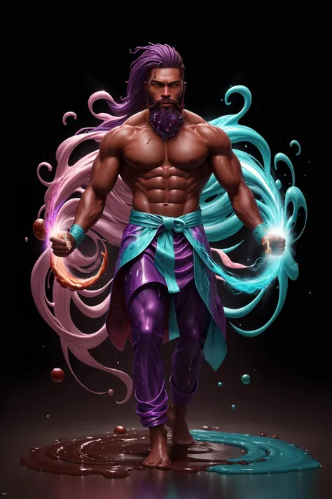 <lora:ChocolateWetStyle:0.5>ChocolateWetStyle:0.5, solo, masterpiece, best quality, perfect face, medium shot of a Multiracial man with a perfect body. As a Star druid with long beard:0.75 Purple hair with Cyan streaks, (surrounded by intense swirling magical energy:1.2), dominant and intimidating, Bubblegum colored clothes, intricate and elegant, colorful, vivid, fighting stance