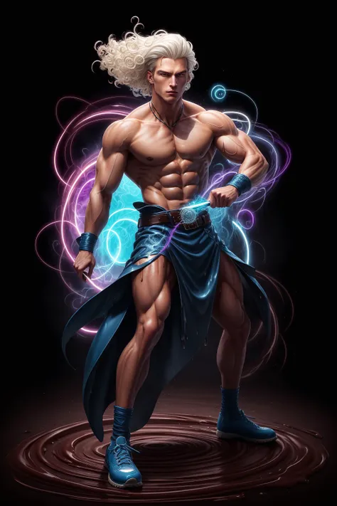 <lora:ChocolateWetStyle:0.5>ChocolateWetStyle:0.5, solo, masterpiece, best quality, perfect face, medium shot of a German man with a fit body. As a Chronomancer with curly hair:0.75 silver hair with platinum blonde streaks, (surrounded by intense swirling magical energy:1.2), dominant and intimidating, Lavender blue colored clothes, intricate and elegant, colorful, vivid, fighting stance