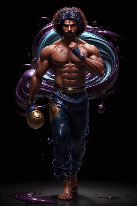 <lora:ChocolateWetStyle:0.5>ChocolateWetStyle:0.5, solo, masterpiece, best quality, perfect face, medium shot of a Indian man with a proportional body. As a Warrior with curly hair:0.75 Indigo hair with Gray streaks, (surrounded by intense swirling magical energy:1.2), dominant and intimidating, Berry colored clothes, intricate and elegant, colorful, vivid, fighting stance