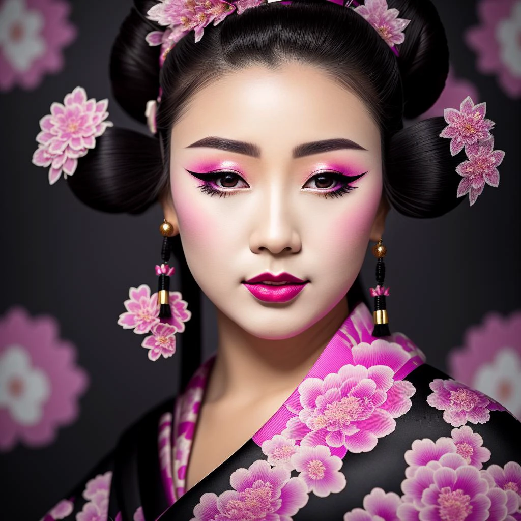 Masterpiece, 4K, beautiful,kimono, black, pink white and purple flower pattern, black kimono belt with black embroidery,woman wearing the kimono,black geisha hair,Kyoto background, bimbo, glossy, detailed background, facing the viewer,, posing for a picture, (puffy lips, lipstick:1.2),<lora:Kimono:0.75>