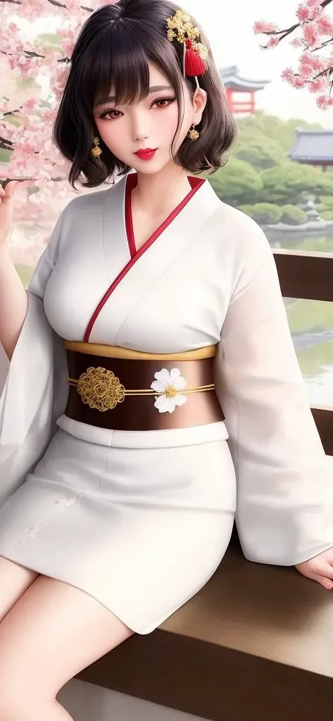 Masterpiece, 4K, beautiful,kimono, dark haired woman, white,embroidery, white kimono belt with golden rope,woman wearing the kimono,wooden wall background, Japanese garden background, bimbo, glossy, detailed background, facing the viewer, posing for a picture, (puffy lips, lipstick:1.2), <lora:Kimono:0.75>