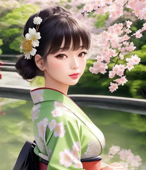 Masterpiece, 4K, beautiful,kimono, green, white and light green flower pattern, black kimono belt with flower pattern,woman wearing the kimono,crossing a bridge, Japanese garden background, bimbo, glossy, detailed background, facing the viewer,, posing for a picture, (puffy lips, lipstick:1.2), <lora:Kimono:0.75>
