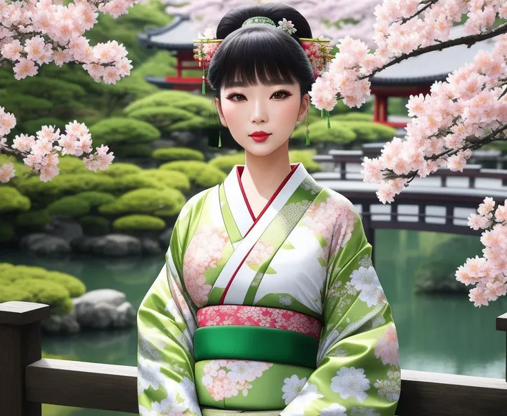Masterpiece, 4K, beautiful,kimono, green, white and light green flower pattern, black kimono belt with flower pattern,woman wearing the kimono,crossing a bridge, Japanese garden background, bimbo, glossy, detailed background, facing the viewer,, posing for a picture, (puffy lips, lipstick:1.2), <lora:Kimono:0.75>