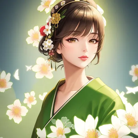 Masterpiece, 4K, beautiful,kimono, green, white and light green flower pattern, black kimono belt with flower pattern,woman wearing the kimono,crossing a bridge, Japanese garden background, bimbo, glossy, detailed background, facing the viewer, posing for a picture, (puffy lips, lipstick:1.2), <lora:Kimono:0.75>