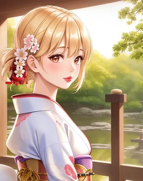 Masterpiece, 4K, beautiful,kimono, white,embroidery, white kimono belt with golden rope,woman wearing the kimono,wooden wall background, Japanese garden background, bimbo, glossy, detailed background, facing the viewer, posing for a picture, (puffy lips, lipstick:1.2), <lora:Kimono:0.75>