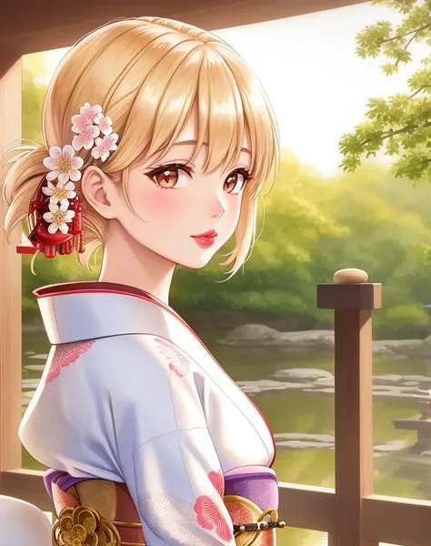 Masterpiece, 4K, beautiful,kimono, white,embroidery, white kimono belt with golden rope,woman wearing the kimono,wooden wall background, Japanese garden background, bimbo, glossy, detailed background, facing the viewer, posing for a picture, (puffy lips, lipstick:1.2), <lora:Kimono:0.75>
