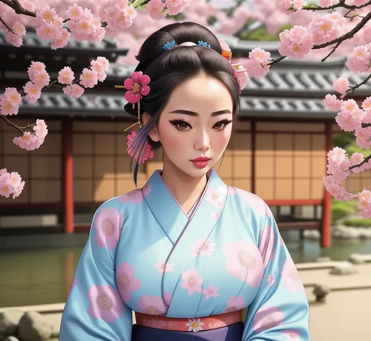 Masterpiece, 4K, beautiful, kimono, light blue, pink flower pattern, green kimono belt,woman wearing the kimono,black geisha hair,Kyoto background, bimbo, glossy, detailed background, holding a bag, facing he viewer, posing for a picture, (puffy lips, lipstick:1.2), big boobs,<lora:Kimono:0.655>