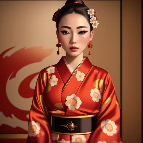 Masterpiece, 4K, beautiful, kimono, red, white flower pattern,silk kimono, shiny kimono,red kimono belt with white flower pattern and a golden rope,woman wearing the kimono, geisha hair,Kyoto background, bimbo, glossy, detailed background,  facing he viewer, posing for a picture,<lora:Kimono:0.65>