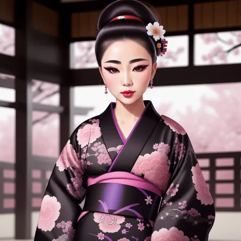 Masterpiece, 4K, beautiful,kimono, black, pink white and purple flower pattern, black kimono belt with black embroidery,woman wearing the kimono,black geisha hair,Kyoto background, bimbo, glossy, detailed background, facing the viewer,, posing for a picture, (puffy lips, lipstick:1.2),<lora:Kimono:0.75>
