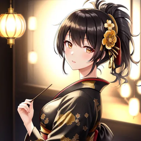 Masterpiece, 4K, beautiful, kimono, black,white flower pattern, black kimono belt with superb golden embroidery,woman wearing the kimono, geisha hair,Kyoto background, bimbo, glossy, detailed background, <lora:Kimono:0.65>