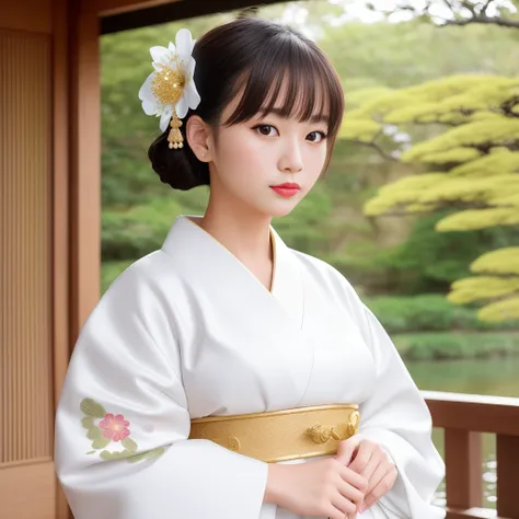 Masterpiece, 4K, beautiful,kimono, white,embroidery, white kimono belt with golden rope,woman wearing the kimono,wooden wall background, Japanese garden background, bimbo, glossy, detailed background, facing the viewer, posing for a picture, (puffy lips, lipstick:1.2), <lora:kimono_v10:0.75>