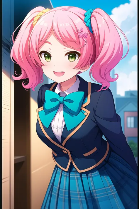 (masterpiece, best quality), highly detailed background, perfect lightingbest quality, makisesubaru, solo, outdoors, school, pink hair, twintails, yellow scrunchie, pink scrunchie, blue scrunchie, hair scrunchie, candy hair ornament, parted bangs, long hair, green eyes, small breasts, blue jacket, blazer, blue bowtie, white shirt, blue skirt, plaid skirt, school uniform, smile, open mouth, :d, pink lips, <lora:Makise-Subaru:0.7>