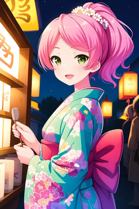 (masterpiece, best quality), highly detailed background, perfect lightingbest quality, makisesubaru, solo, outdoors, night, summer festival, pink hair, ponytail, parted bangs, long hair, green eyes, small breasts, pink kimono, floral print, japanese clothes, smile, open mouth, :d, pink lips, <lora:Makise-Subaru:0.7>