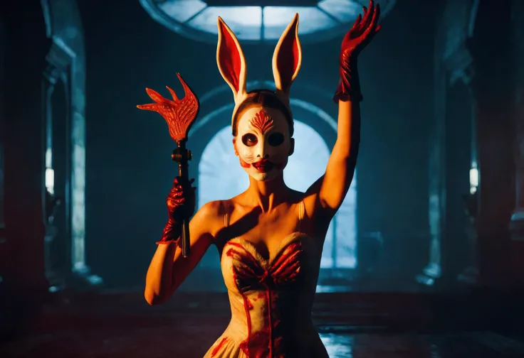 cinematic film still a female Splicer with rabbit mask and her hands in the air, medium shot, front view, Rapture interior, solo, gloves, holding, weapon, blood, mask, outstretched_arms . shallow depth of field, vignette, highly detailed, high budget, bokeh, cinemascope, moody, epic, gorgeous, film grain, grainy