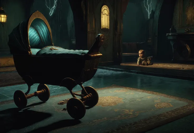 cinematic film still a baby cradle with gun in it, woman lying on floor, luxury tiled floor with carpet, Rapture interior, no_humans, scenery, electricity, lightning . shallow depth of field, vignette, highly detailed, high budget, bokeh, cinemascope, moody, epic, gorgeous, film grain, grainy